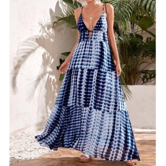 Boho  Navy Blue Sexy White Tie Dye Cutout  Maxi Dress - Picture 2 of 5